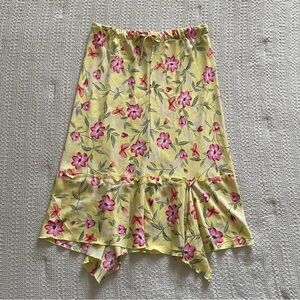 Vintage asymmetrical yellow floral low rise maxi skirt with ruffles